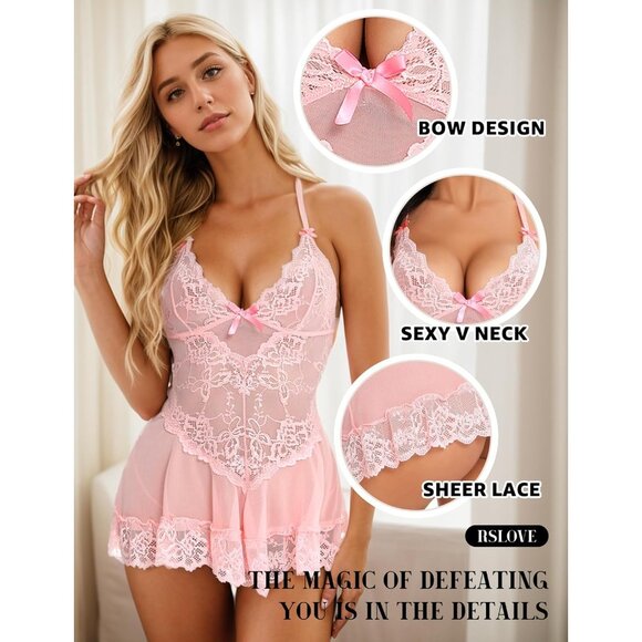 🆕 Women Pink Sexy Lingerie Lace Babydoll Mesh Chemise Sleepwear Soft Nightdress - Picture 3 of 5